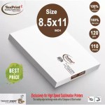 TexPrint R desktop sublimation paper sheets in 8.5x11 inch size, 120 gsm, featuring 110 sheets per pack, 100% ink compatibility, and designed for high-speed sublimation printers like Sawgrass and Ricoh models.