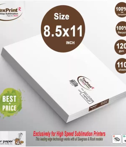 TexPrint R desktop sublimation paper sheets in 8.5x11 inch size, 120 gsm, featuring 110 sheets per pack, 100% ink compatibility, and designed for high-speed sublimation printers like Sawgrass and Ricoh models.
