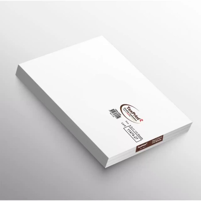 A stack of TexPrint R desktop sublimation paper sheets showing the product label with item code, lot number 11474-27, and 8.5x11 inch size indication.