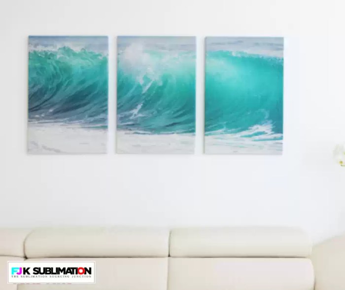 A three-panel triptych canvas wall art display featuring a vibrant turquoise ocean wave design mounted on a white wall above a couch, showcasing the FJK Sublimation brand logo watermark.