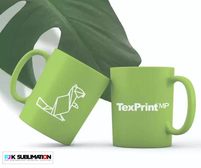 Two lime green mugs featuring a white geometric beaver logo and the TexPrint MP brand text, displayed in front of a tropical leaf with the FJK Sublimation brand logo watermark.