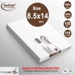 TexPrint R desktop sublimation paper sheets in an 8.5x14 inch size, 120 gsm, featuring 110 sheets per pack, lot number 557432F2915R, and 100% ink compatibility for high-speed sublimation printers like Sawgrass and Ricoh models.