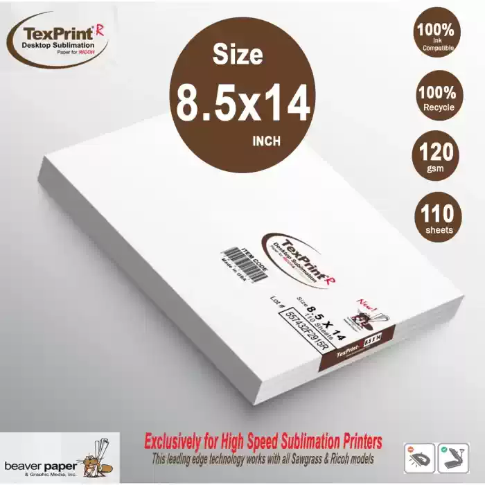TexPrint R Desktop Sublimation Paper - 8.5x14 Inch TexPrint R desktop sublimation paper sheets in an 8.5x14 inch size, 120 gsm, featuring 110 sheets per pack, lot number 557432F2915R, and 100% ink compatibility for high-speed sublimation printers like Sawgrass and Ricoh models.