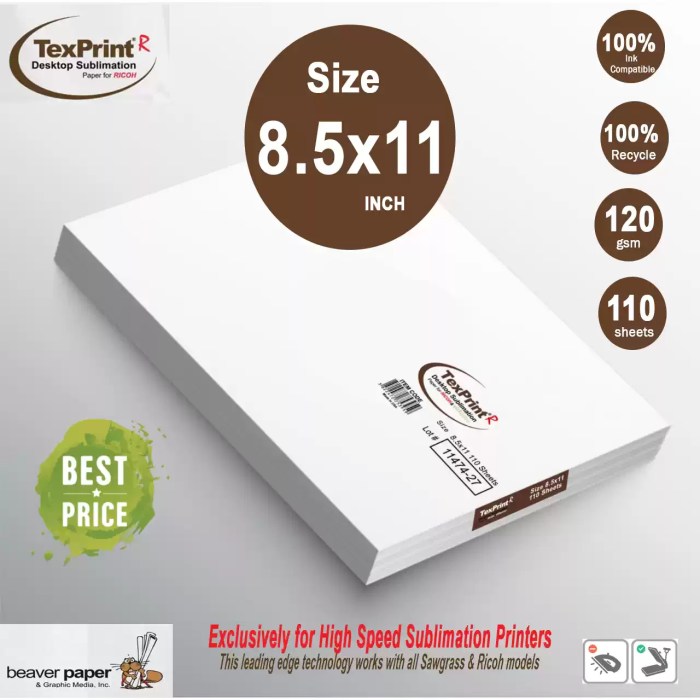 TexPrint R desktop sublimation paper sheets in an 8.5x11 inch size, 120 gsm, featuring 110 sheets per pack, lot number 11474-27, and 100% ink compatibility for high-speed sublimation printers like Sawgrass and Ricoh models, highlighted with a "Best Price" badge.