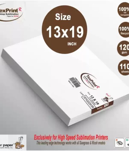 TexPrint R desktop sublimation paper sheets in a 13x19 inch size, 120 gsm, featuring 110 sheets per pack, lot number 557432G2915R, and 100% ink compatibility for high-speed sublimation printers like Sawgrass and Ricoh models
