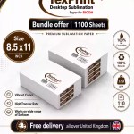 A bundle offer for TexPrint R desktop sublimation paper in 8.5x11 inch size totaling 1100 sheets, featuring 100% ink compatibility, 120 gsm, vibrant colors, high transfer rate, free delivery all over the United Kingdom, and compatibility with Sawgrass and Ricoh printer models.