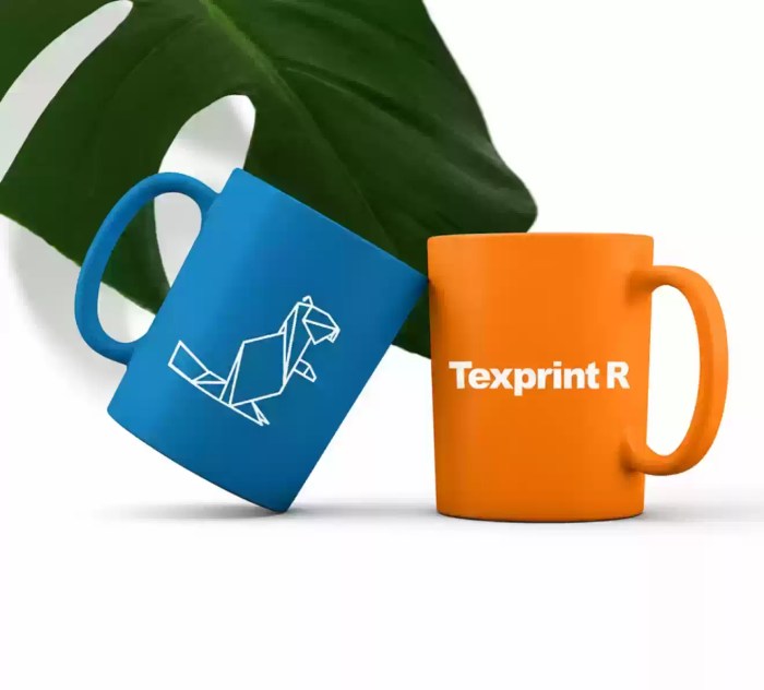 A blue mug with a white geometric beaver logo and an orange mug featuring the TexPrint R brand text, displayed in front of a tropical leaf.