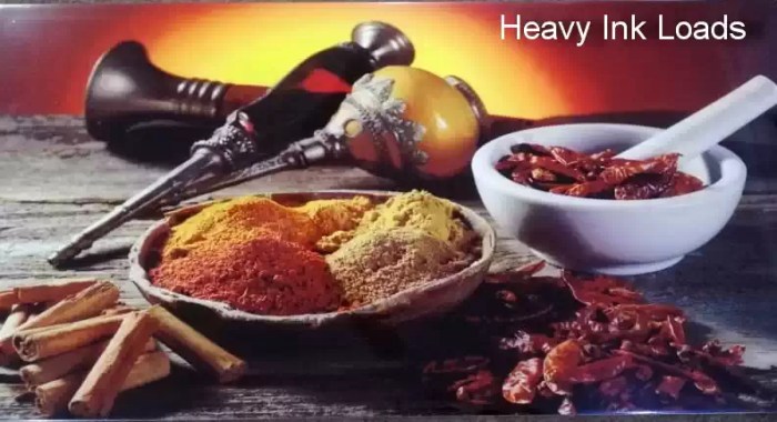 A vibrant sublimation tile print displaying various ground and whole spices, a mortar and pestle, and traditional utensils on a wooden surface, with the text "Heavy Ink Loads".