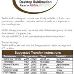 TexPrint R desktop sublimation paper guide showing printer compatibility for Ricoh and Virtuoso, printing instructions, printer settings for Sawgrass print drivers, and a suggested transfer instructions table with temperatures, times, and pressures for various substrates.