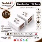 A promotional bundle image for TexPrint R desktop sublimation paper in size 8.5x11 inch, totaling 1100 sheets (10 packs of 110 sheets), featuring 120 gsm, 100% ink compatibility, vibrant colors, a high transfer rate, free delivery across the United Kingdom, and exclusive compatibility with Sawgrass and Ricoh models.