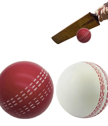 Red and white soft PU cricket balls with a hand holding a wooden bat hitting a red ball.