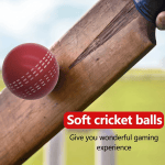 Red soft PU cricket ball beside a wooden cricket bat with text highlighting soft cricket ball features.