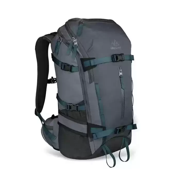 Grey Tactical Hiking Backpack Waterproof Outdoor Travel Backpack Grey tactical hiking backpack with teal accents, multiple compartments, adjustable straps, compression buckles, and durable design for camping, hiking, trekking, and travel.