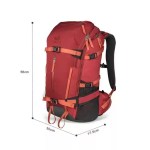 Red outdoor ski backpack showing its 56cm height, 30cm width, and 17.5cm depth with adjustable straps and multiple compression buckles.