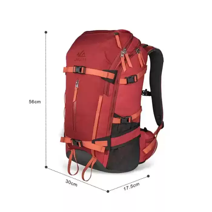 Red Ski Backpack Dimensions 56cm 30cm 17.5cm Red outdoor ski backpack showing its 56cm height, 30cm width, and 17.5cm depth with adjustable straps and multiple compression buckles.