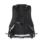 Rear view of a black outdoor ski backpack with padded shoulder straps, adjustable chest and waist straps, and ergonomic back support.