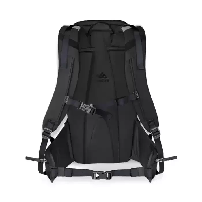 Black Ski Backpack Rear View Adjustable Straps Rear view of a black outdoor ski backpack with padded shoulder straps, adjustable chest and waist straps, and ergonomic back support.