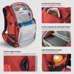 Red outdoor backpack opened to show multiple storage compartments, interior mesh pockets, scratch-free stash pocket, side stretch pockets, and a compartment for a 15-inch laptop