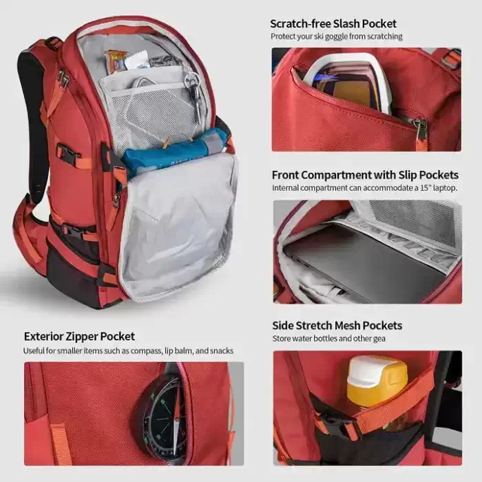 Red Ski Backpack Multiple Compartments Laptop Storage Red outdoor backpack opened to show multiple storage compartments, interior mesh pockets, scratch-free stash pocket, side stretch pockets, and a compartment for a 15-inch laptop