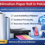 FJK Subli high-quality instant-dry, tacky, and industrial-grade sublimation paper rolls featuring local availability in Pakistan, consistent print quality, sharp color transfer, minimal waste, and an MOQ of 23 rolls.