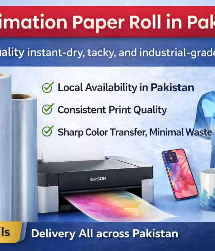 FJK Subli high-quality instant-dry, tacky, and industrial-grade sublimation paper rolls featuring local availability in Pakistan, consistent print quality, sharp color transfer, minimal waste, and an MOQ of 23 rolls.