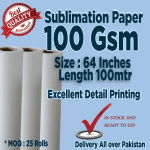 FJK Subli 100 gsm sublimation paper rolls featuring a 64-inch size, 100-meter length, and a best quality guaranteed badge.