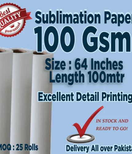 FJK Subli 100 gsm sublimation paper rolls featuring a 64-inch size, 100-meter length, and a best quality guaranteed badge.