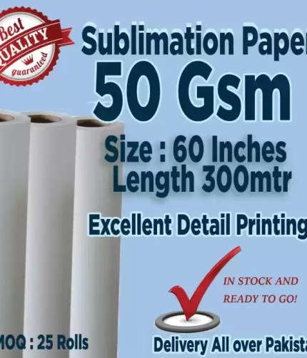 FJK Subli 50 gsm sublimation paper rolls featuring a 60-inch width, 300-meter length, excellent detail printing, and a best quality guaranteed badge.