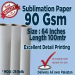 FJK Subli 90 gsm sublimation paper rolls featuring a 64-inch size, 100-meter length, excellent detail printing, and a best quality guaranteed badge.