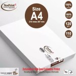 TexPrint R desktop sublimation paper sheets in A4 size (210 mm x 297 mm), 120 gsm, featuring 110 sheets per pack, lot number 7982102B0717R, and 100% ink compatibility for high-speed sublimation printers like Sawgrass and Ricoh models.