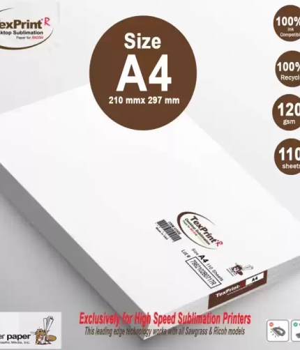 TexPrint R desktop sublimation paper sheets in A4 size (210 mm x 297 mm), 120 gsm, featuring 110 sheets per pack, lot number 7982102B0717R, and 100% ink compatibility for high-speed sublimation printers like Sawgrass and Ricoh models.
