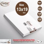 TexPrint R desktop sublimation paper sheets in 13x19 inch size, 120 gsm, featuring 110 sheets per pack, lot number 557432G2915R, and 100% ink compatibility for high-speed sublimation printers like Sawgrass and Ricoh models.