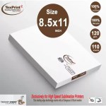 TexPrint R desktop sublimation paper sheets in an 8.5x11 inch size, 120 gsm, featuring 110 sheets per pack, lot number 11474-27, and 100% ink compatibility for high-speed sublimation printers like Sawgrass and Ricoh models.