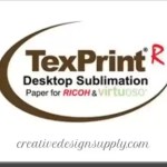 The official brand logo for TexPrint R desktop sublimation paper featuring the text paper for RICOH and virtuoso, with the web address creativeedesignsupply.com.