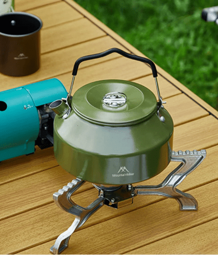 1.4L camping stovetop teapot with handle in a matte metal finish.
