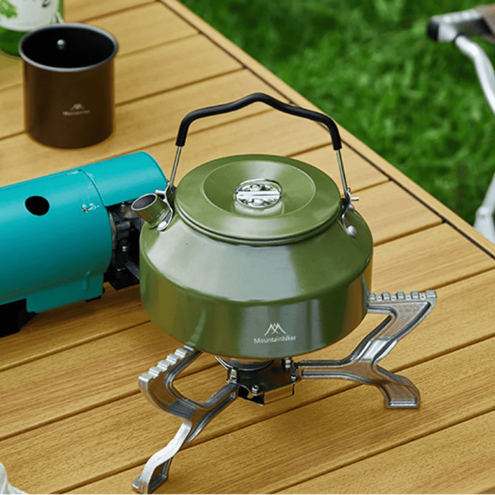 1.4L camping stovetop teapot with handle in a matte metal finish.