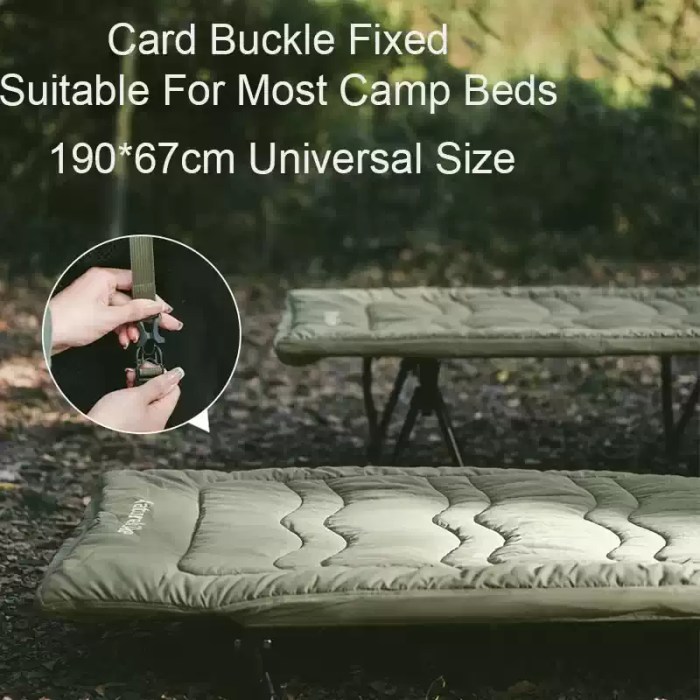 190x67cm camping mattress spread out on the grass next to a hiking rucksack and boots.