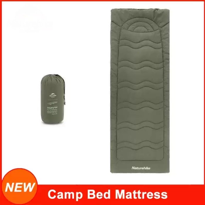 190x67cm camping mattress in grey shown fitted onto a metal folding camp cot inside a tent.