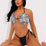 Woman wearing silver flower sequin bikini