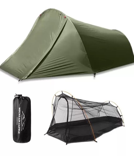2 person outdoor tent made of 210D Oxford material set up on a mountain trail.