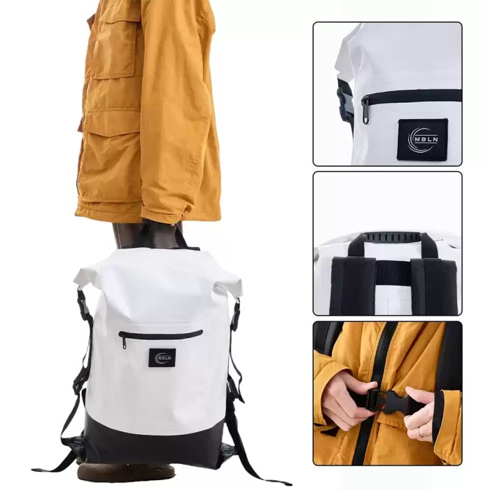 Close-up of the roll-top closure system on the 27L waterproof bag.