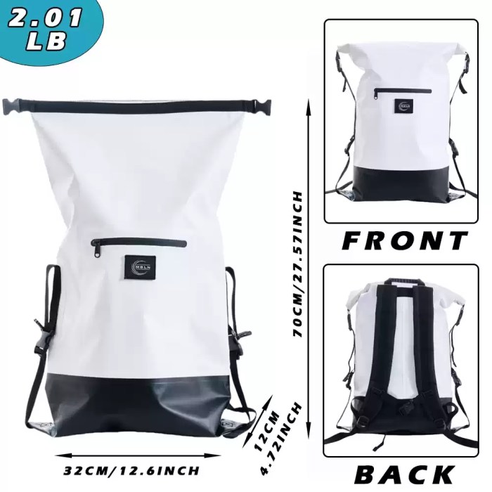 The dry bag packed with a towel and electronics for a beach trip.