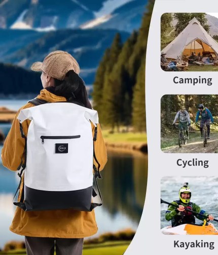 27L waterproof dry bag floating on water to show buoyancy and safety.