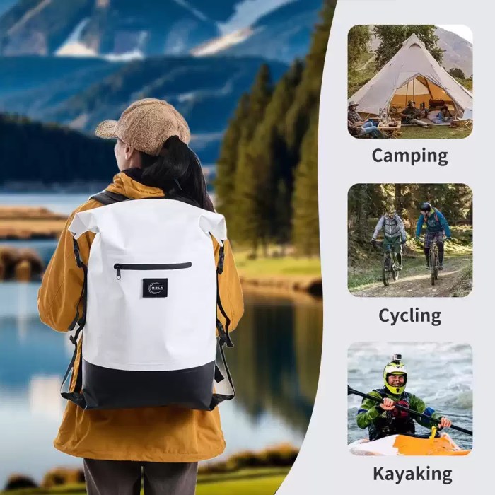 27L waterproof dry bag floating on water to show buoyancy and safety.