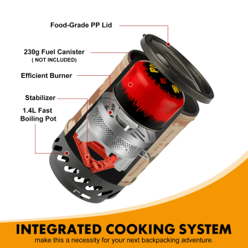 Integrated camping cooking system with fast-boiling pot and efficient burner, compact backpacking stove