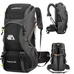 50L travel backpack in black showing the large main compartment and multiple external straps.