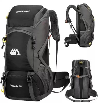 50L travel backpack in black showing the large main compartment and multiple external straps.