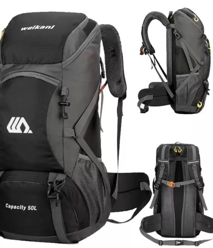 50L travel backpack in black showing the large main compartment and multiple external straps.
