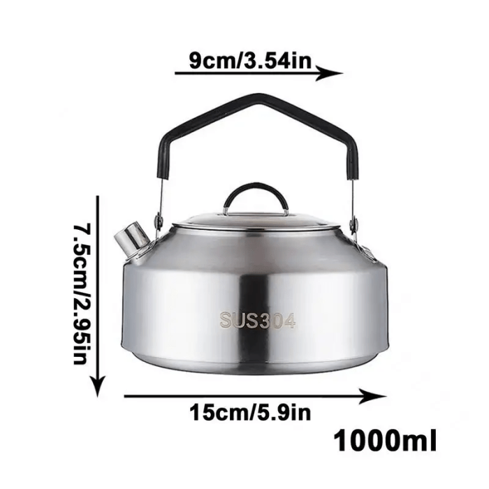 1L and 1.5L durable camping tea kettles side-by-side to show capacity difference for picnics.