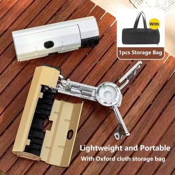 Lightweight folding camping gas stove with storage bag, compact portable backpacking stove for outdoor cooking, camping, and hiking use.